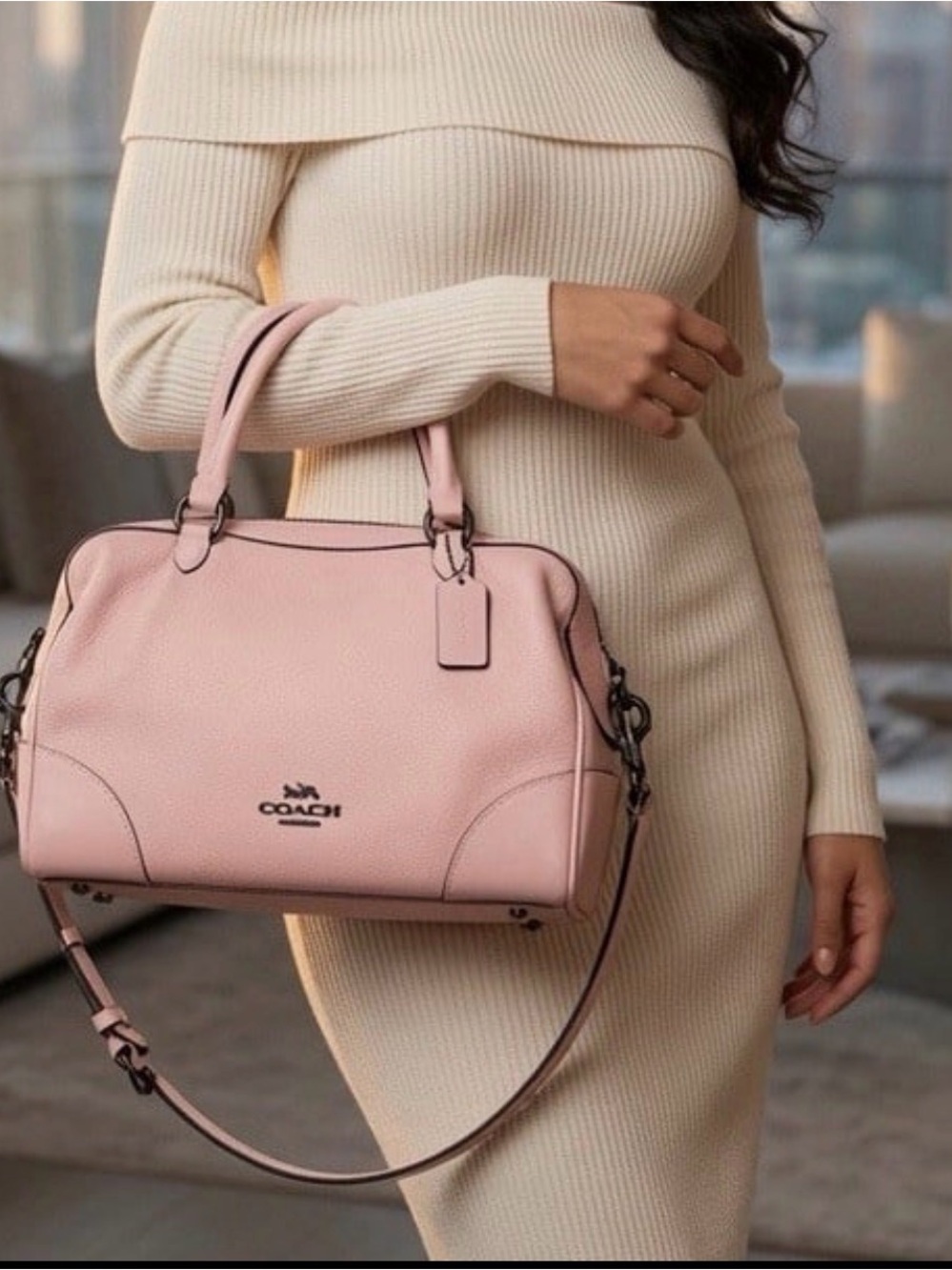 Authentic Coach Pink Lane Leather Satchel Crossbody Bag with Gunmetal Hardware